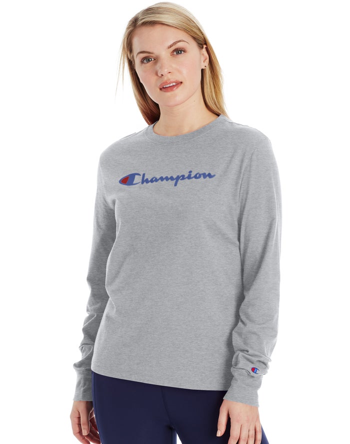 Champion T-Shirt Dames - Grijs - Classic Long-Sleeve Script Logo ( 043596-URM )